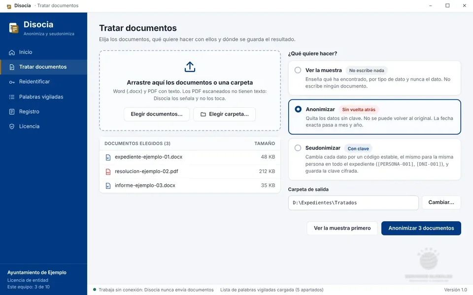 Pantalla «Tratar documentos» de DISOCIA